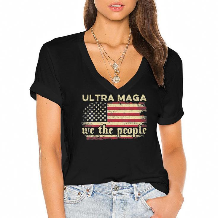 Womens Funny Ultra Maga Vintage American Flag Ultra-Maga Retro  Women's Jersey Short Sleeve Deep V-Neck Tshirt
