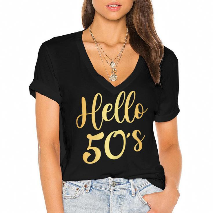 Womens Hello 50S Womens 50Th Birthday Gift 50 Year Old Bday Squad  Women's Jersey Short Sleeve Deep V-Neck Tshirt
