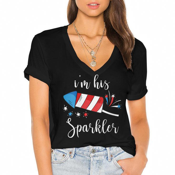 Womens Im His Sparkler  Funny 4Th Of July  For Women  Women's Jersey Short Sleeve Deep V-Neck Tshirt