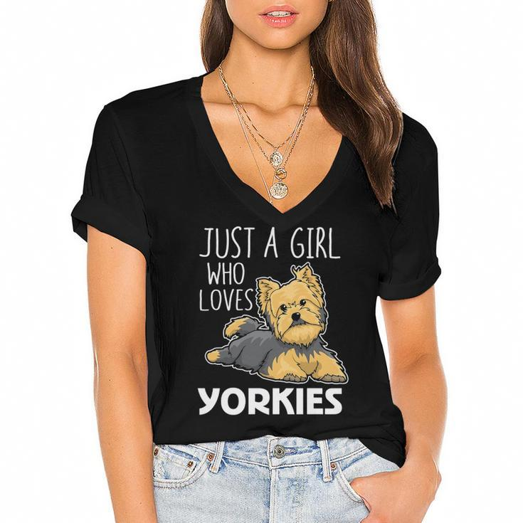 Womens Just A Girl Who Loves Yorkies Funny Yorkshire Terrier Gift  Women's Jersey Short Sleeve Deep V-Neck Tshirt