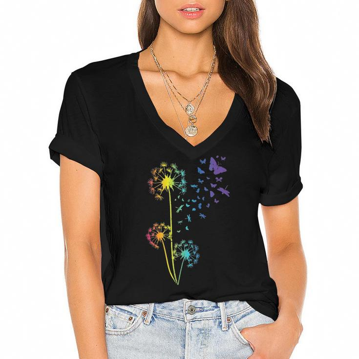 Womens Just Dandelion Butterfly Breathe Rainbow Flowers Dragonfly Women's Jersey Short Sleeve Deep V-Neck Tshirt