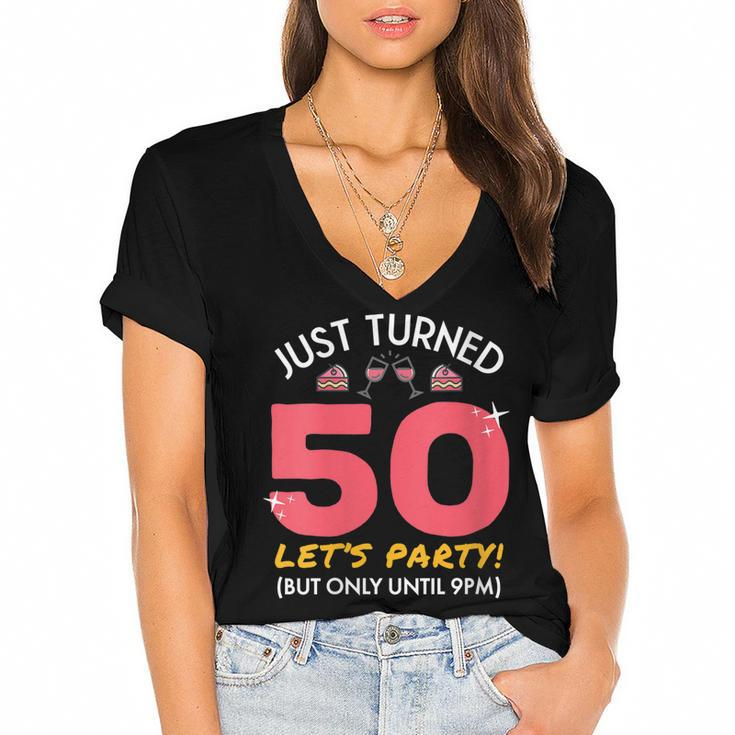 Womens Just Turned 50 Party Until 9Pm Funny 50Th Birthday Gag Gift  Women's Jersey Short Sleeve Deep V-Neck Tshirt
