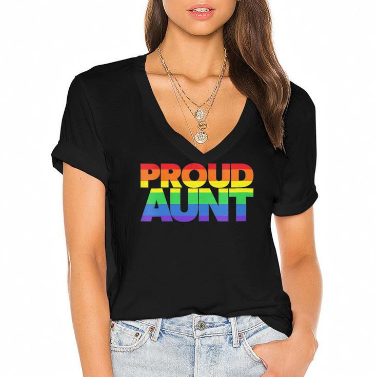 Womens Lgbtq Family Aunt Gay Pride Ally Lgbt Proud Aunt Women's Jersey Short Sleeve Deep V-Neck Tshirt