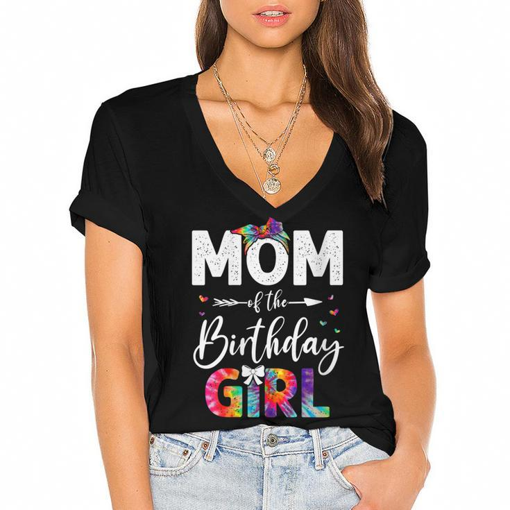Womens Mb Mom Of The Birthday Girl Mama Mother And Daughter Tie Dye  Women's Jersey Short Sleeve Deep V-Neck Tshirt
