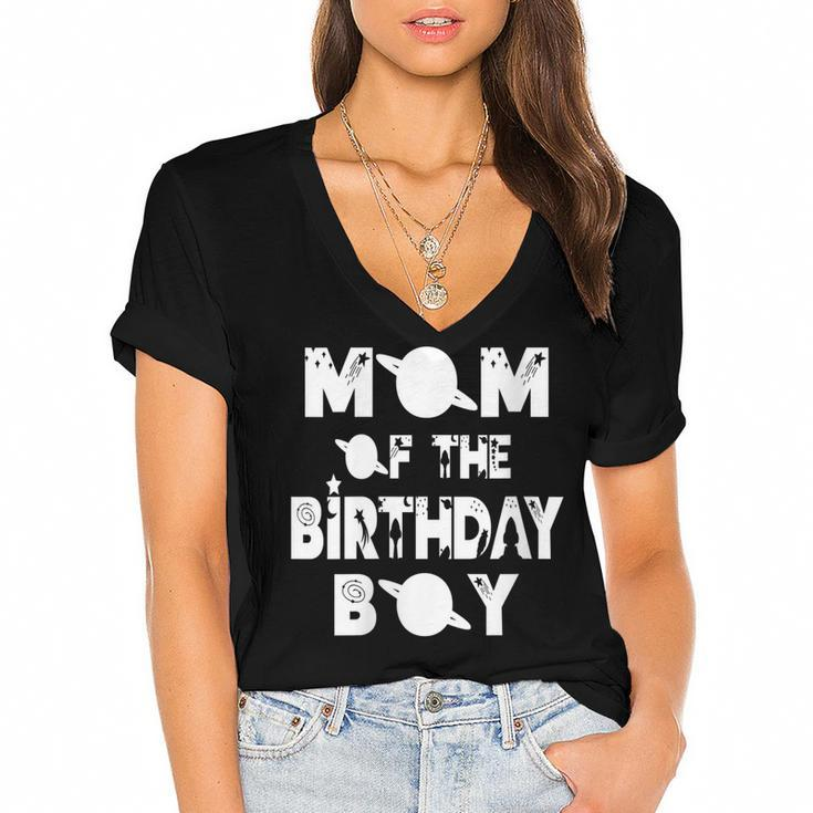 Womens Mom Of The Birthday Astronaut Boy And Girl Space Theme  Women's Jersey Short Sleeve Deep V-Neck Tshirt