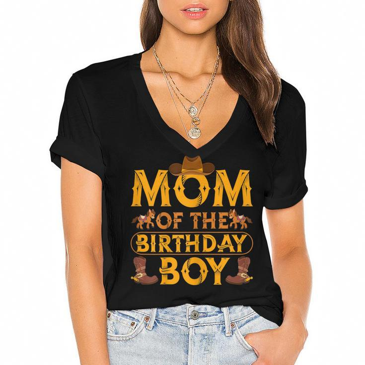 Womens Mom Of The Birthday Boy Cowboy Western Theme Birthday Party  Women's Jersey Short Sleeve Deep V-Neck Tshirt