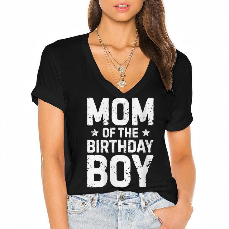 Womens Mom Of The Birthday Boy Funny Mother Mama Family Matching  Women's Jersey Short Sleeve Deep V-Neck Tshirt
