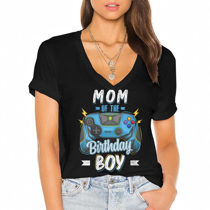 Womens Mom Of The Birthday Boy Matching Family Video Gamer Party  Women's Jersey Short Sleeve Deep V-Neck Tshirt