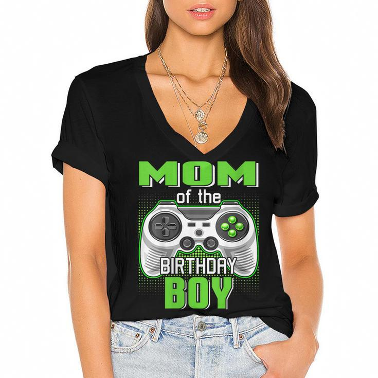 Womens Mom Of The Birthday Boy Video Game B-Day Top Gamer Party  Women's Jersey Short Sleeve Deep V-Neck Tshirt