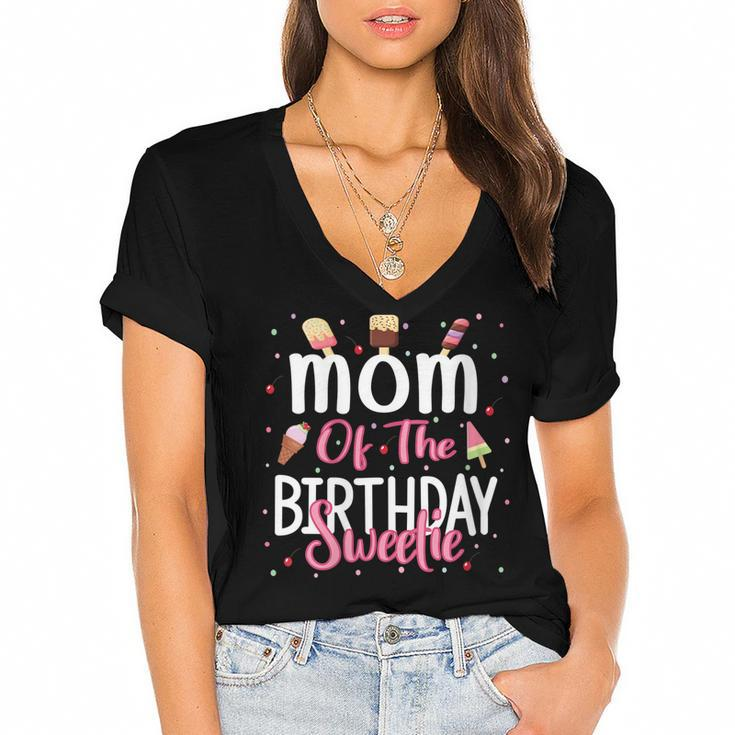 Womens Mom Of The Birthday Sweetie Girl Ice Cream Theme Party  Women's Jersey Short Sleeve Deep V-Neck Tshirt