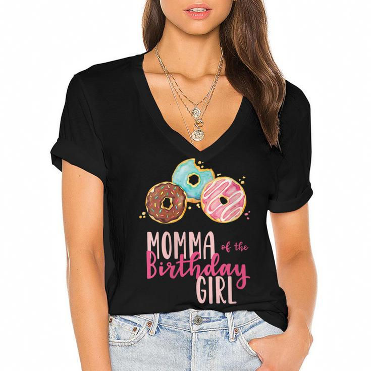 Womens Momma Of The Birthday Girl Donut Birthday Party Theme Family  Women's Jersey Short Sleeve Deep V-Neck Tshirt