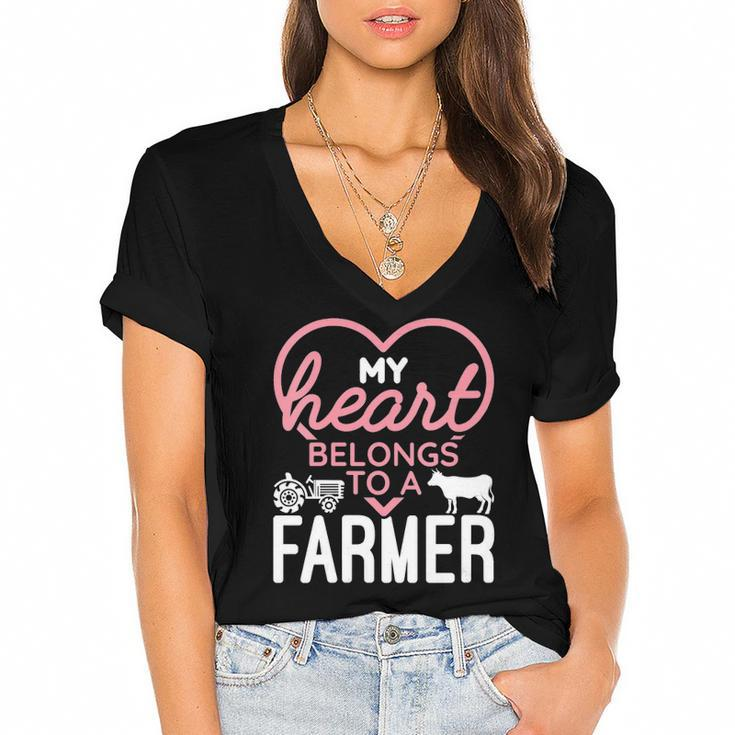 Womens My Heart Belongs To A Farmer Romantic Farm Wife Girlfriend Women's Jersey Short Sleeve Deep V-Neck Tshirt