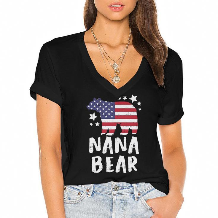 Womens Nana Bear Grandma Us Flag 4Th Of July Matching Family Women Women's Jersey Short Sleeve Deep V-Neck Tshirt