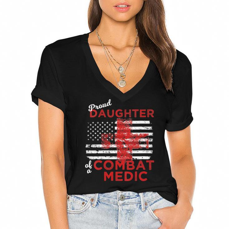 Womens Proud Daughter Of A Combat Medic Distressed Flag  Women's Jersey Short Sleeve Deep V-Neck Tshirt
