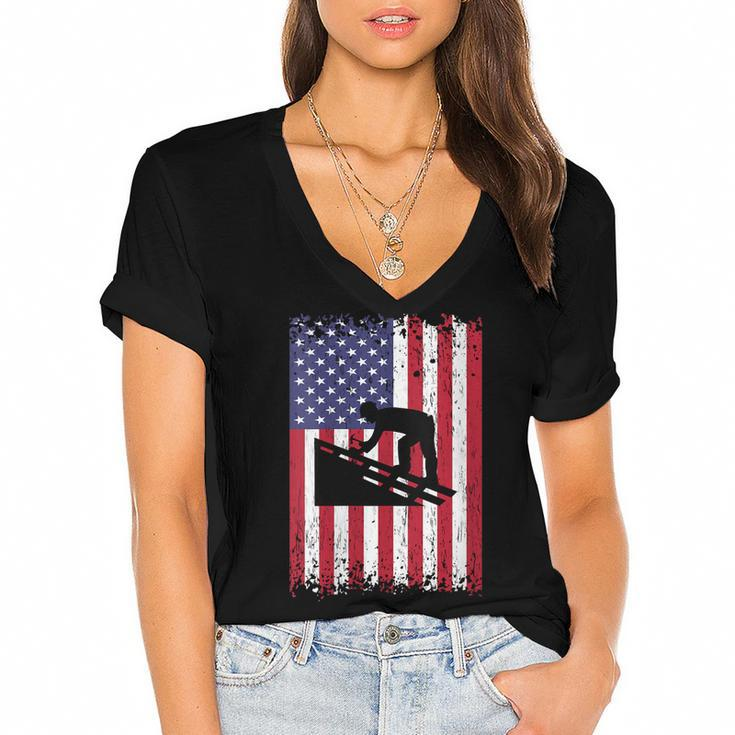 Womens Roofer Dad Usa Flag Patriotic 4Th Of July Gift Women's Jersey Short Sleeve Deep V-Neck Tshirt