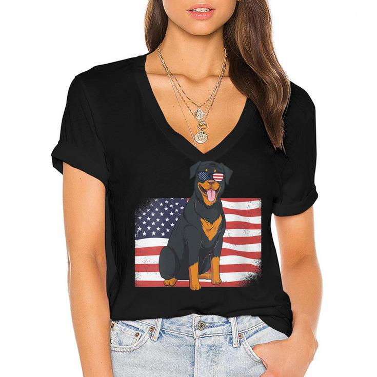 Womens Rottie Dad & Mom American Flag 4Th Of July Usa Rottweiler  Women's Jersey Short Sleeve Deep V-Neck Tshirt