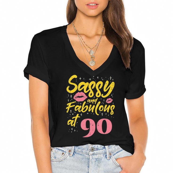 Womens Sassy Fabulous 90 Years Old Happy 90Th Birthday Gift Women Women's Jersey Short Sleeve Deep V-Neck Tshirt
