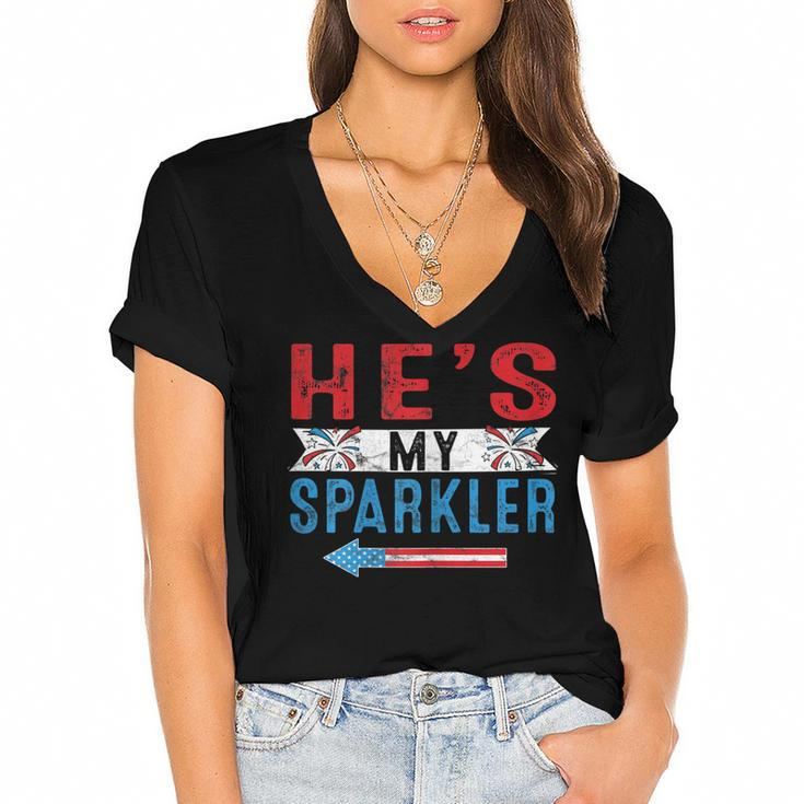 Womens Shes My Firecracker Funny 4Th July Matching Couples For Him  Women's Jersey Short Sleeve Deep V-Neck Tshirt