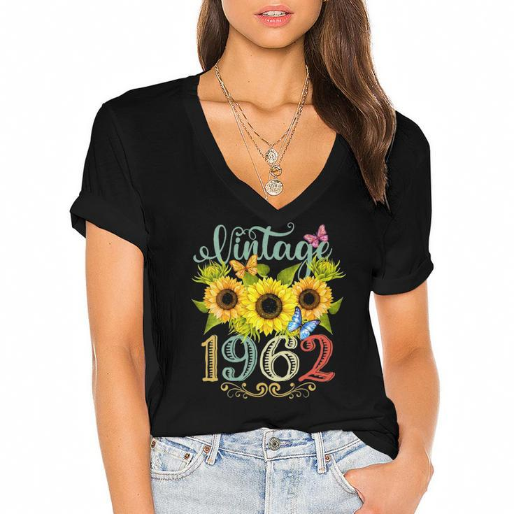 Womens Sunflower Floral Butterfly Vintage 1962 Funny 60Th Birthday Women's Jersey Short Sleeve Deep V-Neck Tshirt