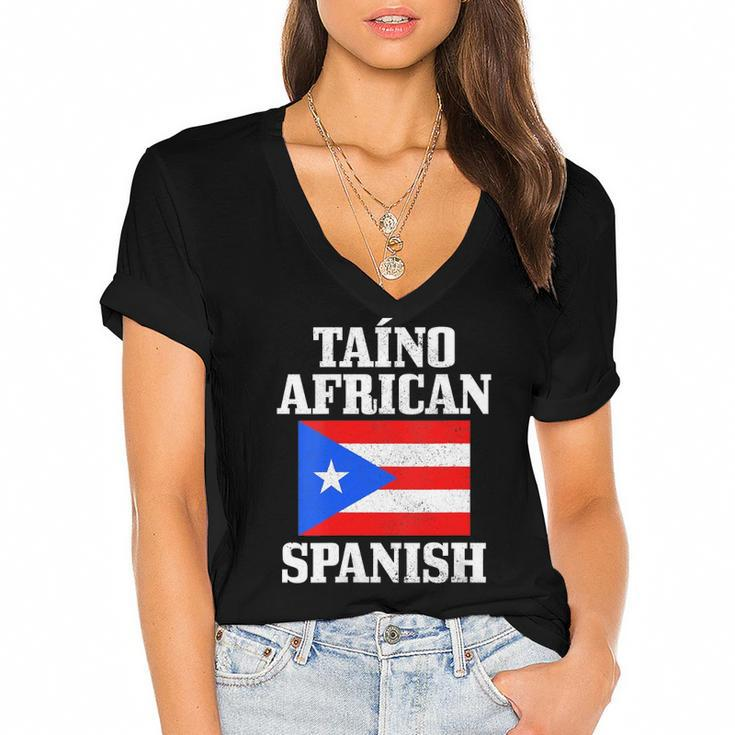 Womens Taino African Spanish Puerto Rico Flag Taina Boricua Boriken Women's Jersey Short Sleeve Deep V-Neck Tshirt