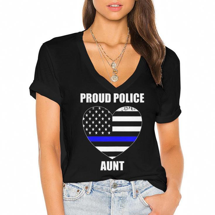 Womens Thin Blue Line Flag Law Enforcement Officer Proud Aunt Women's Jersey Short Sleeve Deep V-Neck Tshirt