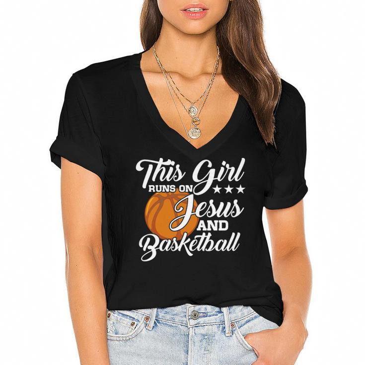 Womens This Girl Runs On Jesus And Basketball  Christian Gift Women's Jersey Short Sleeve Deep V-Neck Tshirt