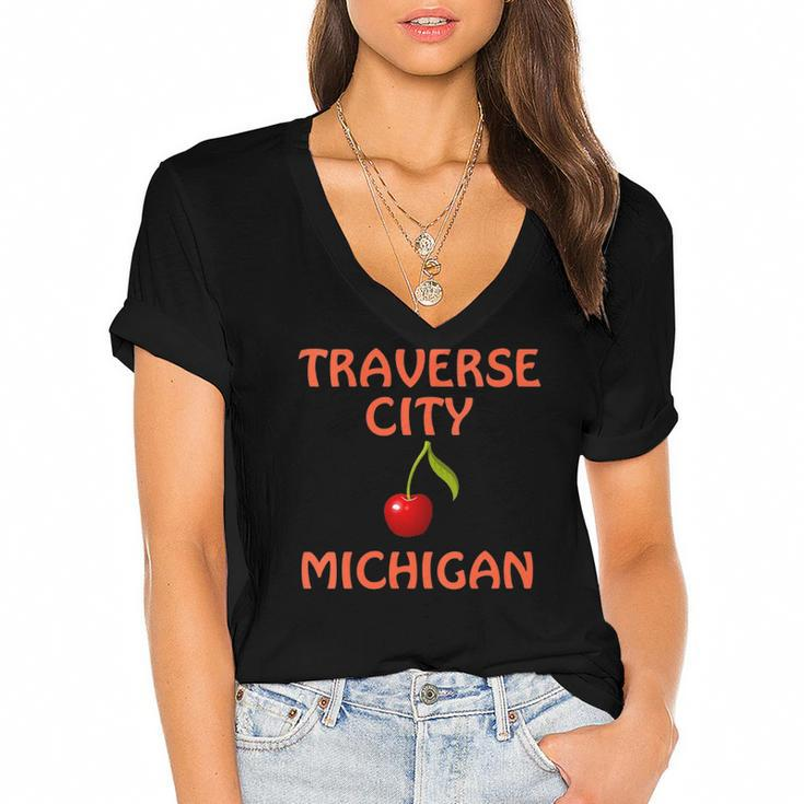 Womens Traverse City And Northern Michigan Summer Apparel Women's Jersey Short Sleeve Deep V-Neck Tshirt