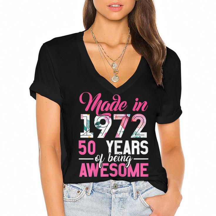 Womens Vintage Birthday Gifts Made In 1972 50 Year Of Being Awesome  Women's Jersey Short Sleeve Deep V-Neck Tshirt