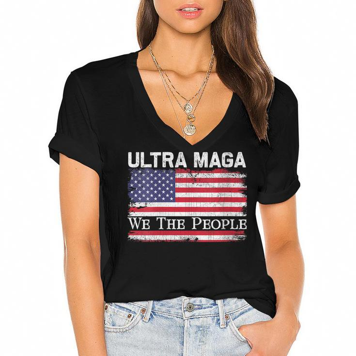 Womens We Are The People Men And Women Vintage Usa Flag Ultra Mega  Women's Jersey Short Sleeve Deep V-Neck Tshirt