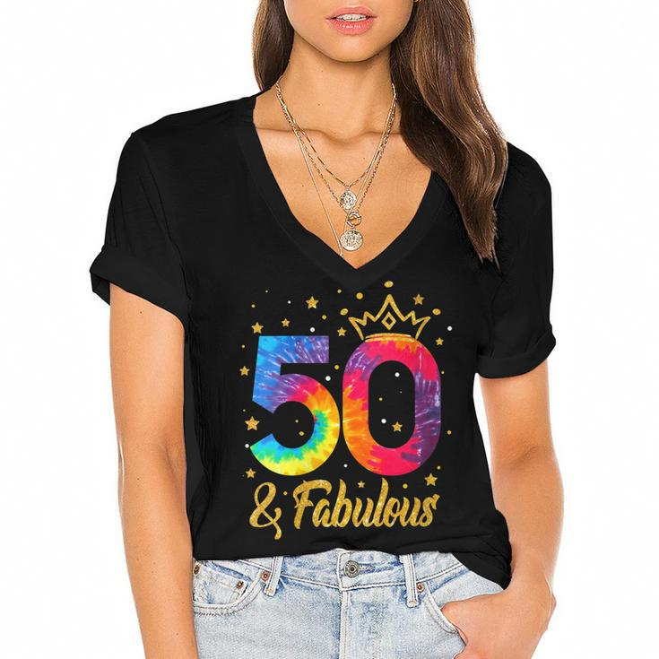 Womens Women 50 & Fabulous Happy 50Th Birthday Crown Tie Dye  Women's Jersey Short Sleeve Deep V-Neck Tshirt