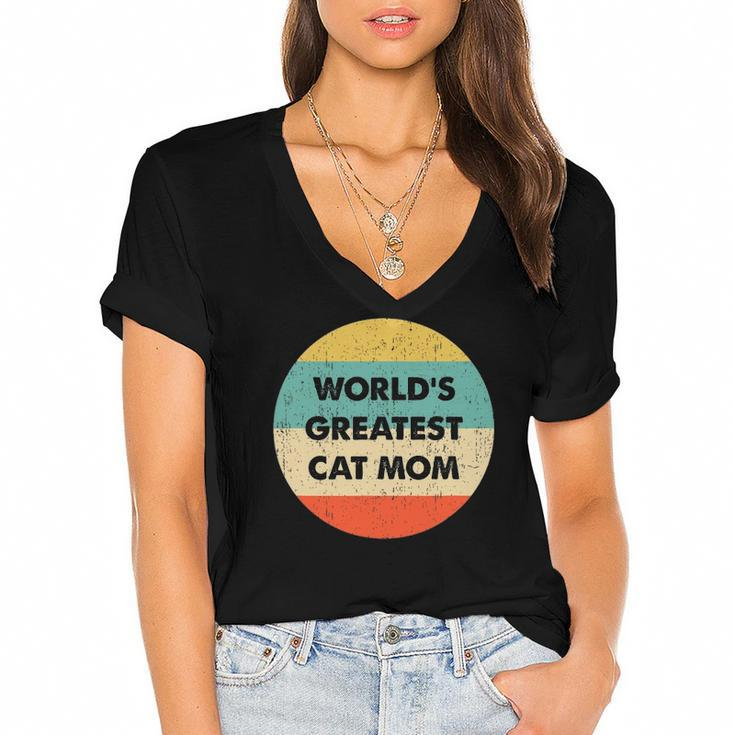 Worlds Greatest Cat Mom Vintage Retro Women's Jersey Short Sleeve Deep V-Neck Tshirt