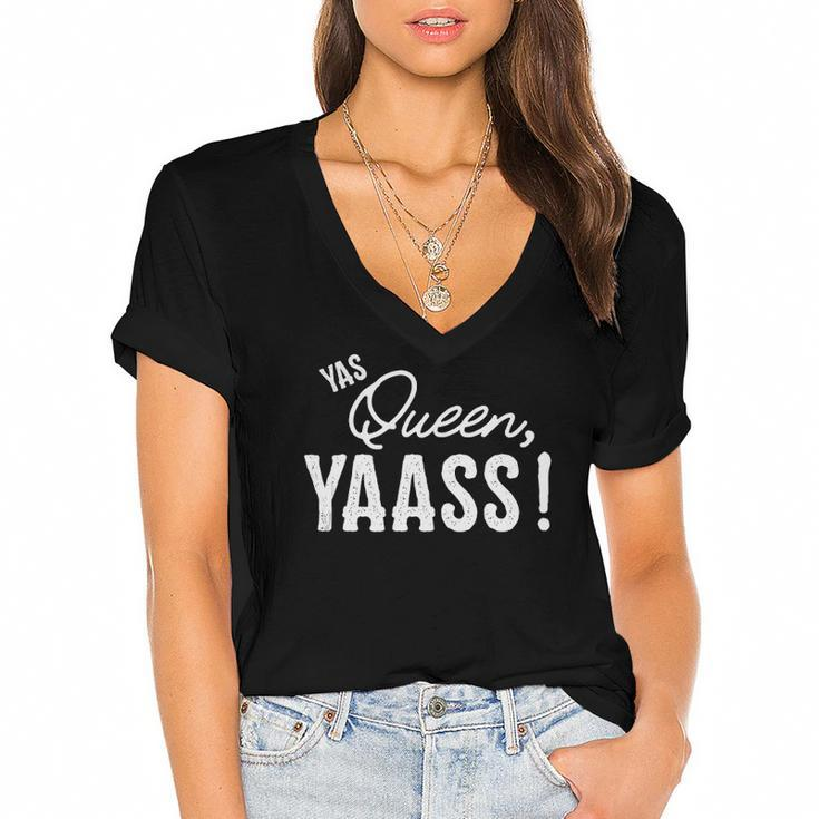 Yas Queen Yaass Fabulous Queen Women's Jersey Short Sleeve Deep V-Neck Tshirt