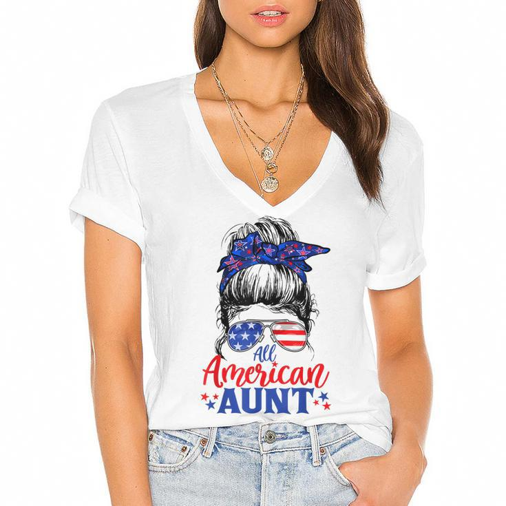 4Th Of July All American Aunt Messy Bun Patriotic Usa Flag  Women's Jersey Short Sleeve Deep V-Neck Tshirt
