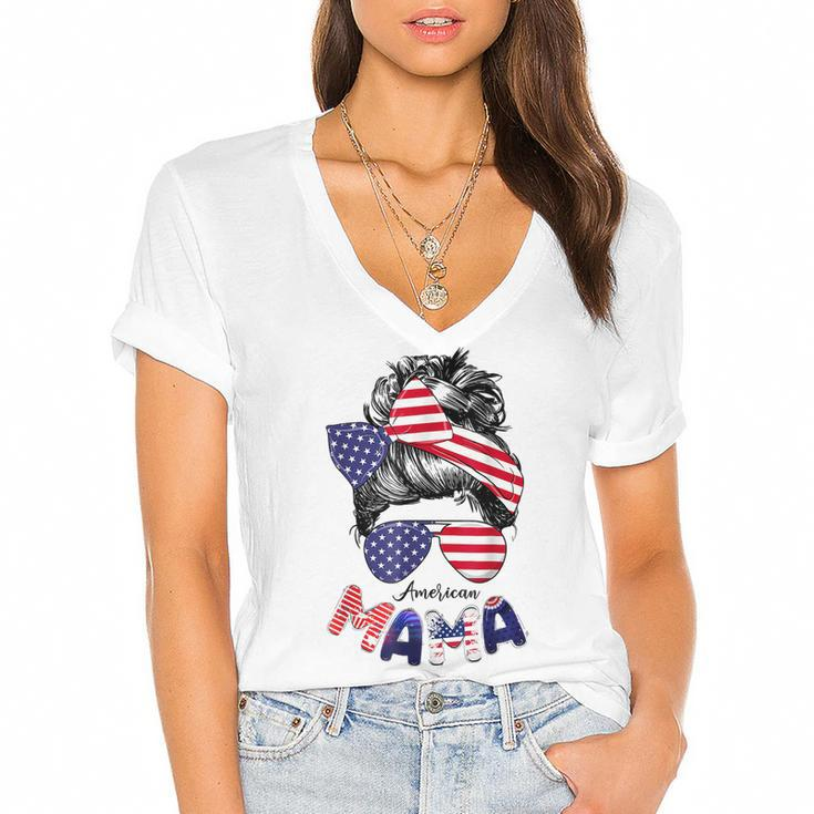 4Th Of July American Mama Messy Bun Mom Life Patriotic Mom  Women's Jersey Short Sleeve Deep V-Neck Tshirt