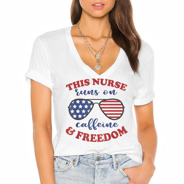 4Th Of July Nurse American Flag Sunglasses Caffeine Freedom  Women's Jersey Short Sleeve Deep V-Neck Tshirt
