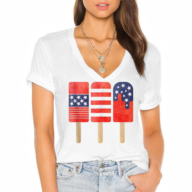 4Th Of July Popsicles Usa Flag Independence Day Patriotic  Women's Jersey Short Sleeve Deep V-Neck Tshirt