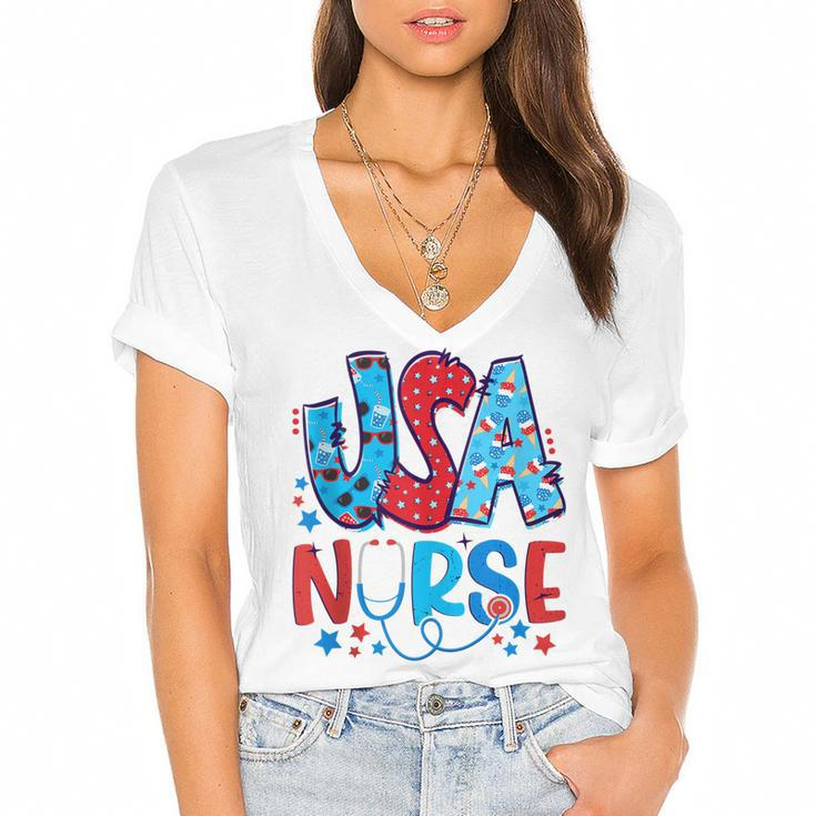 4Th Of July Usa Nursery American Nurse 2022 Patriotic Nurse  Women's Jersey Short Sleeve Deep V-Neck Tshirt
