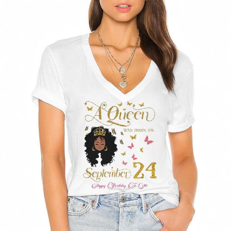 A Queen Was Born On September 24 Happy Birthday To Me Women's Jersey Short Sleeve Deep V-Neck Tshirt