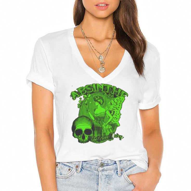 Absinthe Skull Green Fairy Retro Design Women's Jersey Short Sleeve Deep V-Neck Tshirt