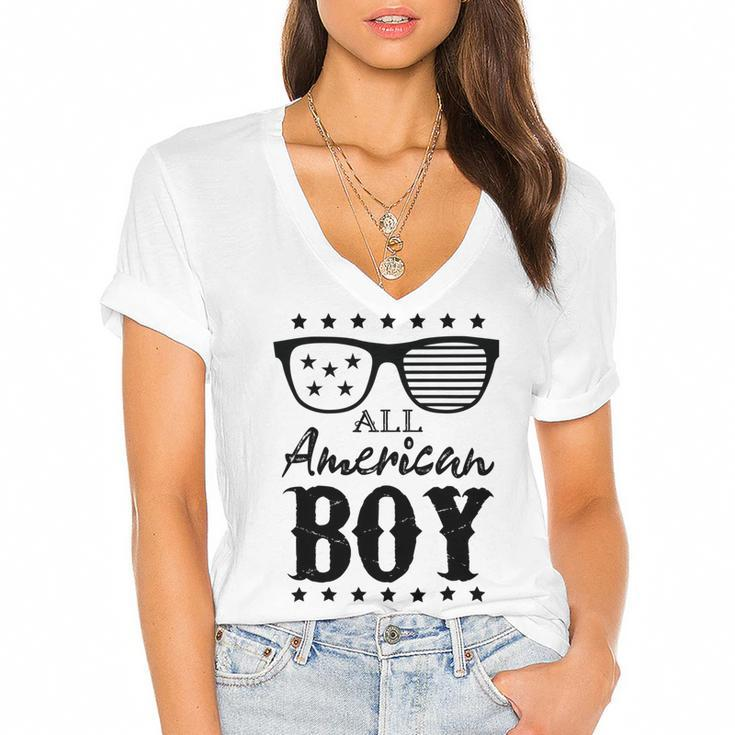 All American Boy 4Th Of July Boys Kids Sunglasses Family  Women's Jersey Short Sleeve Deep V-Neck Tshirt