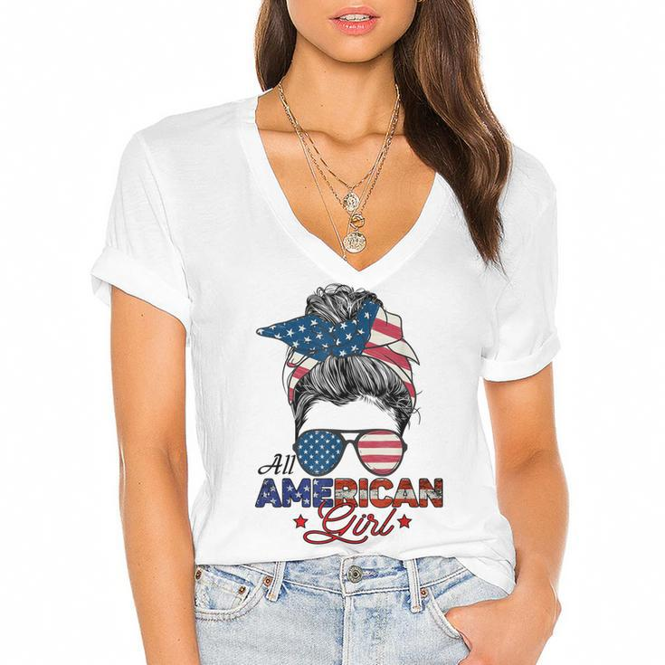 All American Girl 4Th July Messy Bun Us Flag  Women's Jersey Short Sleeve Deep V-Neck Tshirt