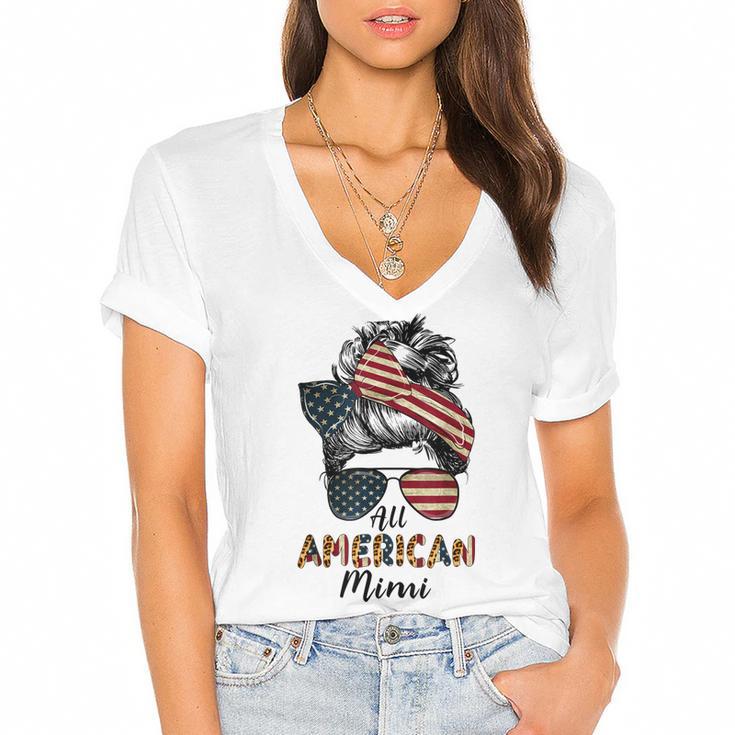 All American Mimi Messy Bun Matching Family 4Th Of July Mom  Women's Jersey Short Sleeve Deep V-Neck Tshirt