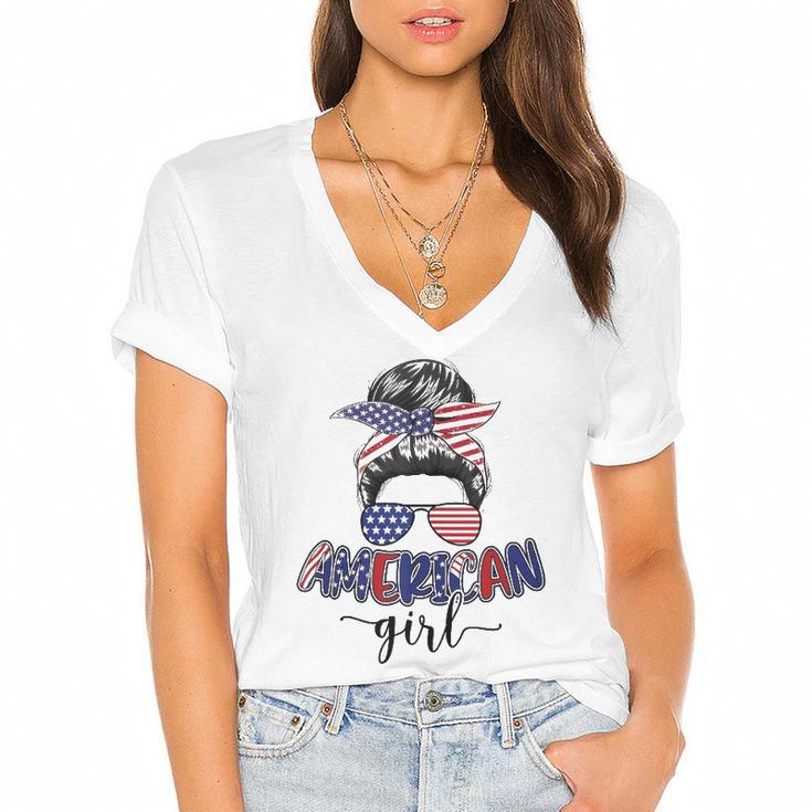 American Girl Messy Bun 4Th Of July Mom Usa Women Women's Jersey Short Sleeve Deep V-Neck Tshirt