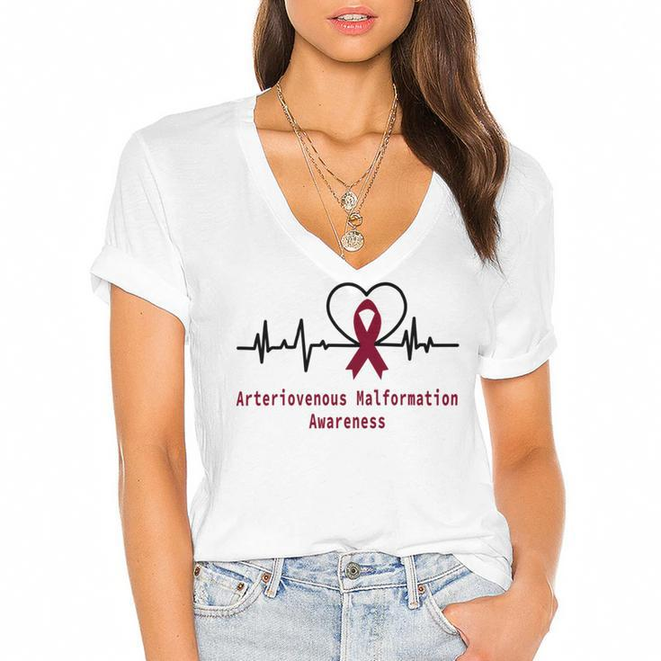 Arteriovenous Malformation Awareness Heartbeat  Burgundy Ribbon  Arteriovenous Malformation Support  Arteriovenous Malformation Awareness Women's Jersey Short Sleeve Deep V-Neck Tshirt