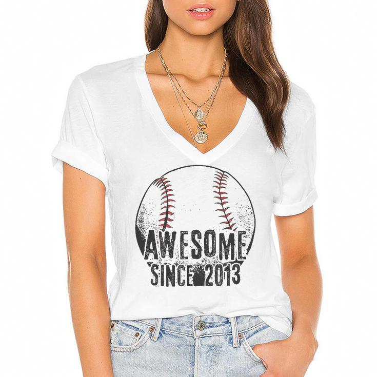 Awesome Since 2013 9 Years Old Baseball Player 9Th Birthday Women's Jersey Short Sleeve Deep V-Neck Tshirt