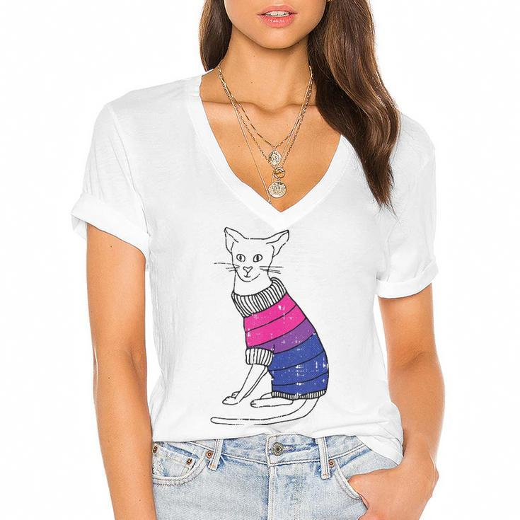 Bisexual Cat Lgbt-Q Pride Cute Kitten Kitty Proud Ally  Women's Jersey Short Sleeve Deep V-Neck Tshirt