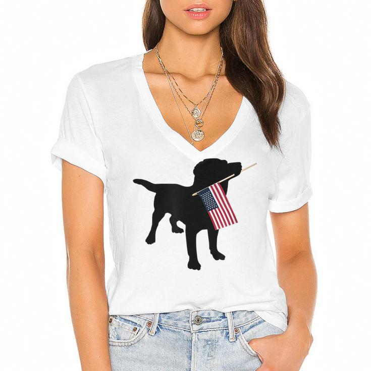 Black Lab Dog Holding July 4Th Patriotic Usa Flag  Women's Jersey Short Sleeve Deep V-Neck Tshirt