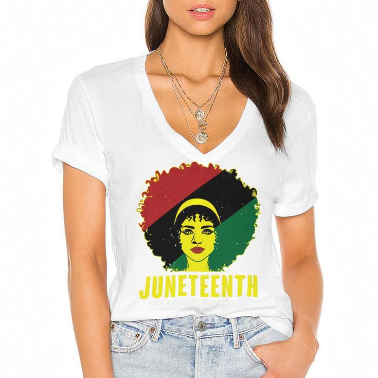 Black Queen Juneteenth Celebrate Freedom Tshirt Women's Jersey Short Sleeve Deep V-Neck Tshirt