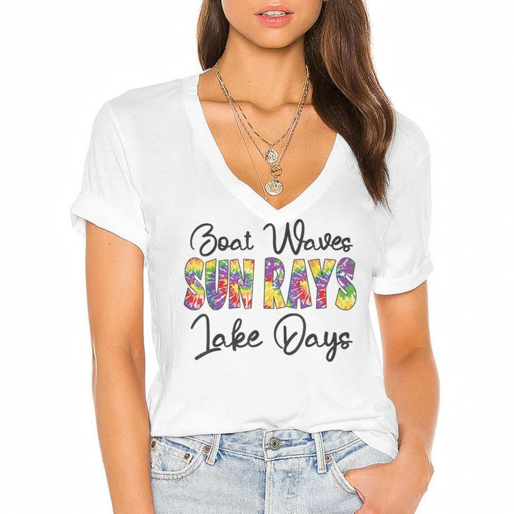 Boat Waves Sun Rays Lake Days Tie Dye Summer Funny Girl Kid  Women's Jersey Short Sleeve Deep V-Neck Tshirt