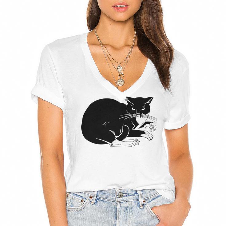 Cat Cut Cat Cat Lovers Black Cat Funny Cat Birthday Cat Gift Cat Danger Kitty V3 Women's Jersey Short Sleeve Deep V-Neck Tshirt